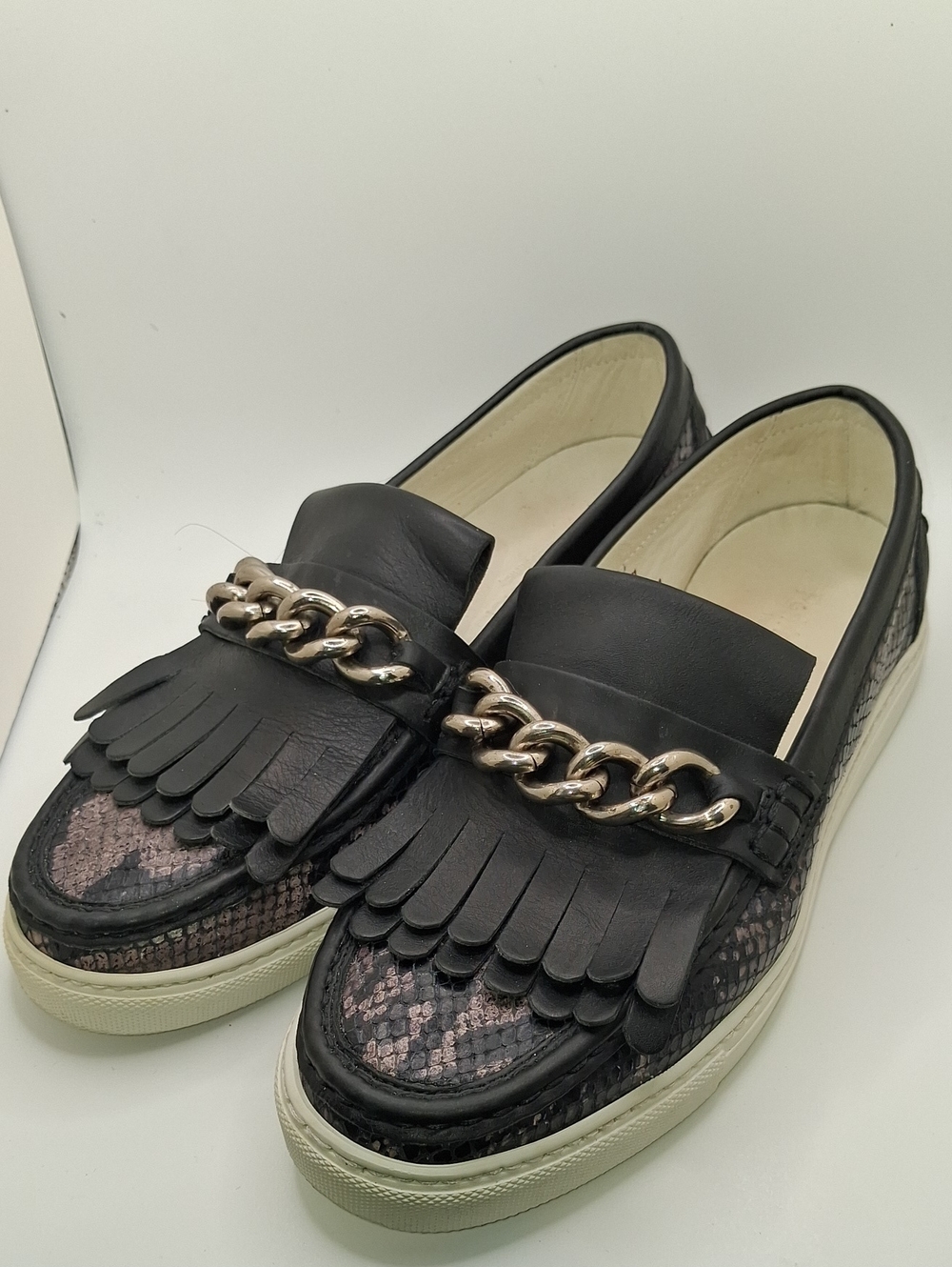Black Kiltie Loafers with Gold Chain Accent